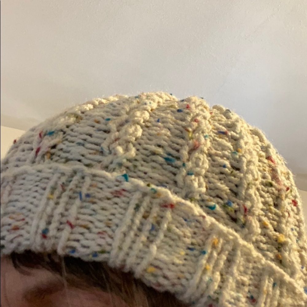 Cream White Multi Colored Speckled Knit Beanie Hat